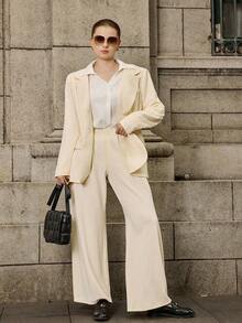 Calvaya Plus Size Women 2 Pieces Set,White,Autumn,Elegant,Semi Formal Office Wear Long Sleeve Button Suit Jacket And Straight Leg Pants Business Casual Outfit - Apricot - View 8
