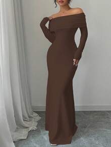 Rafferiza Đầm dệt kim co giãn dáng ôm body tay dài xoắn lưng hở gấu đuôi cá gợi cảm & thanh lịch, màu trắng dành cho nữ, trang phục maxi thu/đông dành cho nữ - Cà phê - Xem 3