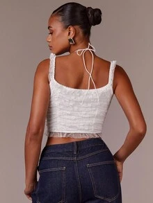 Athîral Kawaii Ballet Style Lace Ruched Lace-Up White Summer Women Tank Top - White - View 2