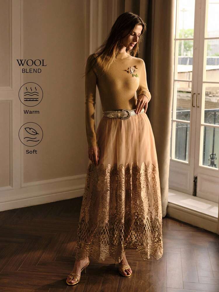 MOCK NECK STEREO FLOWER DETAIL SLIM FIT SWEATER KNIT PULLOVER FALL WINTER