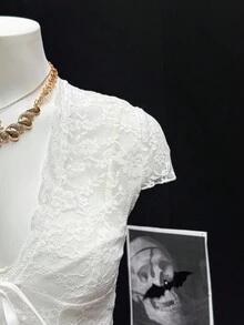 SHEIN PETITE 女士性感系带V领短款上衣，夏季 - 白色 - 查看 3