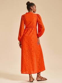 Travachic 女士节日刺绣灯笼袖单排扣优雅连衣裙 - 橘色 - 查看 3