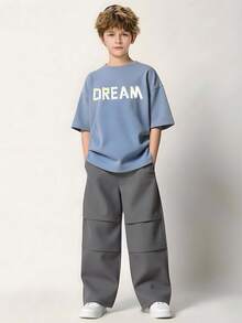 SHEIN Casuvi Kids 2pcs Tween Boy Letter Print Short Sleeve Top And Solid Color Pants Set - Multicolor - View 10