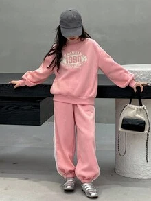 Dazy Kids 2pcs Tween Girls Crew Neck Fleece Printed Sweatshirt And Sweatpants Set, Fall,Winter - Pink - View 4