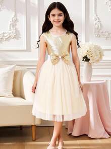 Cô gái Tween Tương phản Sequin Nơ mặt trước Lưới Hem Đầm Party Đối với Giáng sinh - Vàng - Xem 7