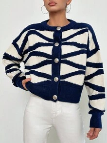 EURMUSE Graphic Pattern Drop Shoulder Cardigan - Navy Blue - View 3