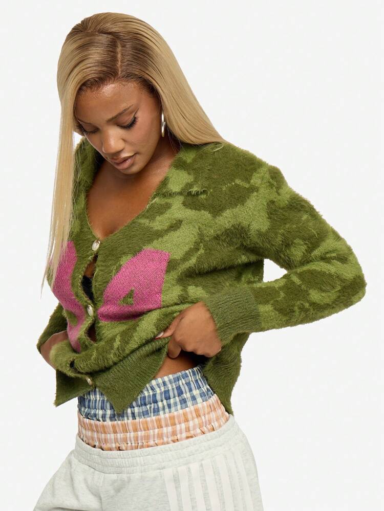 SUMWON WOMEN Fuzzy Knit Cardigan With Varsity Number Design