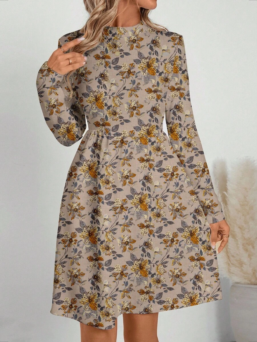 SHEIN LUNE 休闲复古法式杏色花卉印花长袖立领连衣裙,适合秋冬季 - 彩色 - 查看 1