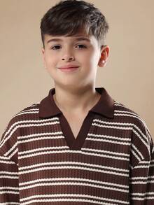 SUMWON Textured Striped Polo Co-Ord Set With Chino Pants Autumn Winter Casual Tween Outfit Daily Wear Two Piece Set Preppy Style Casual Smart Outfit Holiday Wear - Brown - View 5