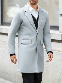 Calvornis 男士纯色口袋纽扣长袖大衣，秋季男士外套，灰色男士正装外套，灰色男士冬季外套 - 灰色 - 查看 5