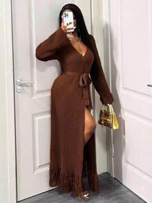 BamGleam 女士毛衣连衣裙开衫针织长袖黄色流苏吊带宽松开衩度假旅行派对女装春秋款冬夏款 - 卡其色 - 查看 3