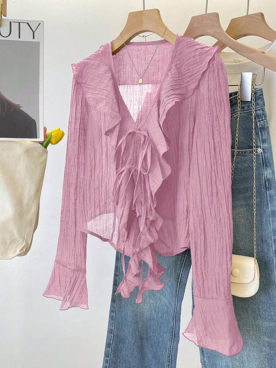 INAWLY French V-Neck Pleated Ruffle Tie Blouse - Pink - View 1