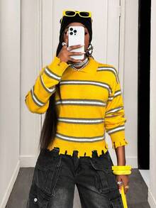 BamGleam Suéteres de mujer, de manga larga tejidos, con rayas amarillas, sensación de desgarro multicolor gris, estilos regulares, casuales, para viajes, vacaciones y fiestas, ropa de mujer, estilos de primavera y otoño, estilos de invierno y verano