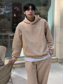 DAZY 男士字母印花保暖内衬连帽衫套装，棕色，秋冬 - 棕色 - 查看 4