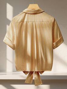 Franclia Fashionable Casual Everyday Versatile Hem Tie Bow Yellow Striped Waist Cinched Waist Slim Women's Shirt Women's Summer New Clothing