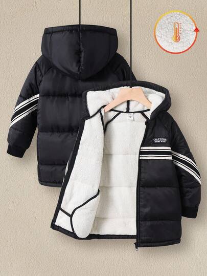SHEIN Kurtka dziecięca/chłopięca, luźna, średniej długości, swobodna, na co dzień, z zamkiem błyskawicznym z przodu, gruba, ocieplana, czarna, z podszewką z polaru, odpowiednia na zimę, wakacje, na zewnątrz i śnieżną pogodę