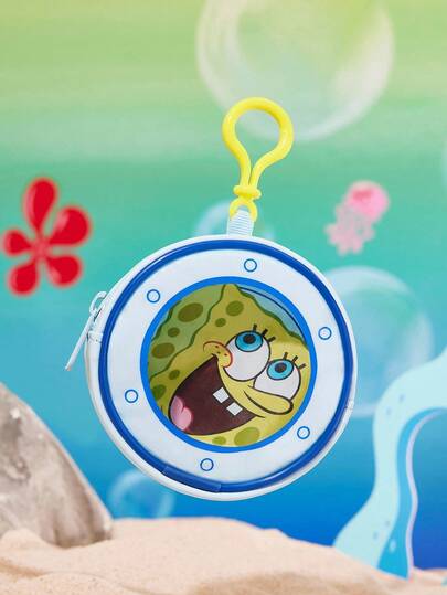 SpongeBob SquarePants | SHEIN 1 pieza Monedero de PU con ventana transparente y estampado de dibujos animados, se puede colgar en bolsas, adecuado para guardar monedas, llaves y artículos personales, para hombres y mujeres