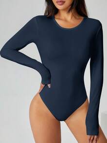 SHEIN PETITE Solid Long Sleeve Slim Fit White T-Shirt Bodysuit,Fall