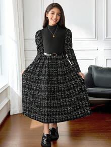 Tween 女童休闲都市优雅中式领羊腿袖褶饰连衣裙，长袖派对连衣裙，休闲街头连衣裙，黑色 - 黑色 - 查看 3