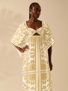 CAJUNI Women's Boho Vintage Black Printed Hollow-Out Loose Long Sleeve Maxi Dress, Vacation - Yellow - View 4