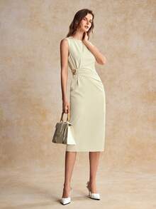 House of One Pleats Solid Woven Midi Dress With Metal Buckle Women Summer Autumn Elegant Casual Dress