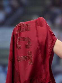 SHEIN Sports 女式字母水钻装饰圆领长袖网眼拼接运动连衣裙 - 酒紅色 - 查看 6