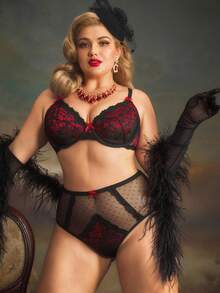 PinupPomp 大码女士蕾丝拼布蝴蝶装饰钢圈文胸套装 - 黑色 - 查看 1