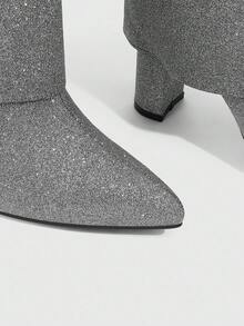 CUCCOO SZL 女士尖头粗跟灰色闪光面料双层设计时尚性感舒适日常派对场合侧拉链套穿踝靴 - 灰色 - 查看 6