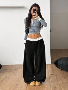Coolane 女士秋冬外出简约基本款日常穿着复古街头服饰节日黑色保暖摇粒绒直筒裤 - 黑色 - 查看 3