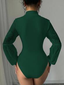 Rafferiza Lace Patchwork Lantern Sleeve High Neck Women's Bodysuit