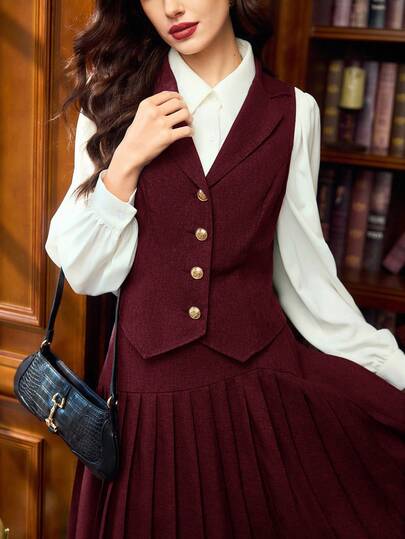 Vintamour 女士复古优雅休闲工作翻领金属纽扣开襟马甲，适合返校、教师、外出、秋季、商务休闲、学校假期、办公室、冬季、乡村音乐会、西部风格等各种场合，适合工作、音乐会、教堂、机场等场合。