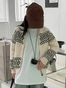 Dazy Kids Cardigan Kasual Blok Warna Serbaguna untuk Remaja Perempuan - Krem - View 3