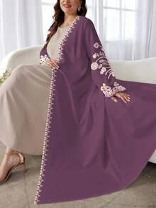 SHEIN Najma Plus Size Women's Floral Print Long Sleeve Casual Arabic Abaya, Spring/Autumn Open Abaya - Multicolor - View 4