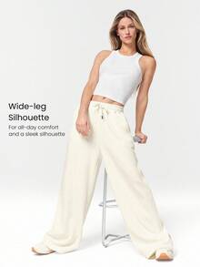 GLOWMODE 华夫格拉绒阔腿松紧腰运动裤休闲日常穿着保暖冬季 - 米色 - 查看 3