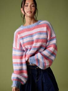 MISSGUIDED Oversized Brushed Knit Striped Jumper Sweater With Long Sleeves Casual Relaxed Fit Pullover Winter - Multicolor - View 1