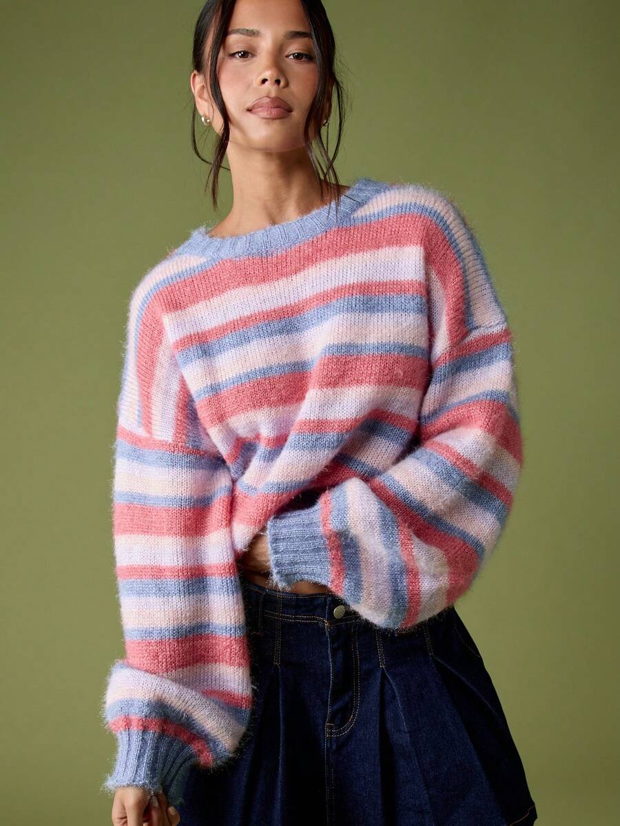 MISSGUIDED Oversized Brushed Knit Striped Jumper Sweater With Long Sleeves Casual Relaxed Fit Pullover Winter - Multicolor - View 1