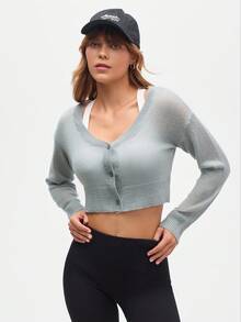 Eassivo Damski jednokolorowy, dopasowany, krótki kardigan z dzianiny z odsłoniętymi ramionami i długim rękawem oraz dekoltem w serek