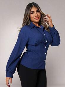 Xyvia 女式休闲水洗前扣收腰修身夹克 - 藍色 - 查看 5