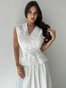 Firerie 女士优雅蕾丝V领短袖上衣和A字裙套装 - 白色 - 查看 6