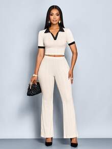 SOLERSUN Autumn And Winter Women's Wear Daily Leisure Commuting Apricot Knitted Velvet Jacquard Fabric Short Sleeves Polo Neck V Neck Collar And Cuffs Contrast Color Flared Pants Suit Fitted Two Pieces Suit Fall Cloth For Women