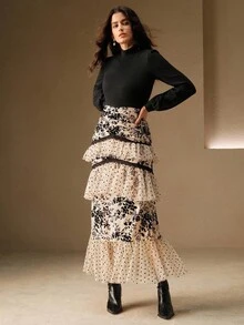 Anewsta 女式修身高领泡泡袖拼布不对称荷叶边下摆长连衣裙 - 彩色 - 查看 3