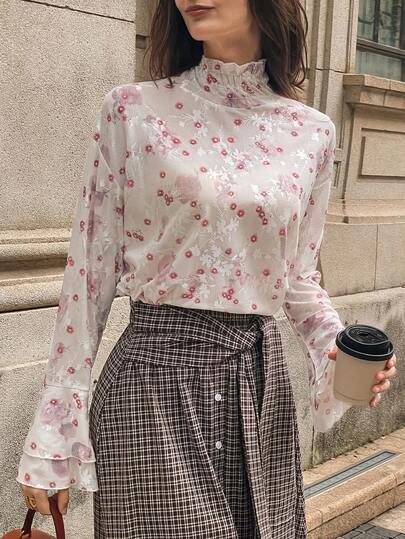 DAZY Women's Ditsy Floral Ruffle Collar Loose Elegant Pullover Blouse With Flare Sleeves, Autumn/Winter Long Sleeve Top