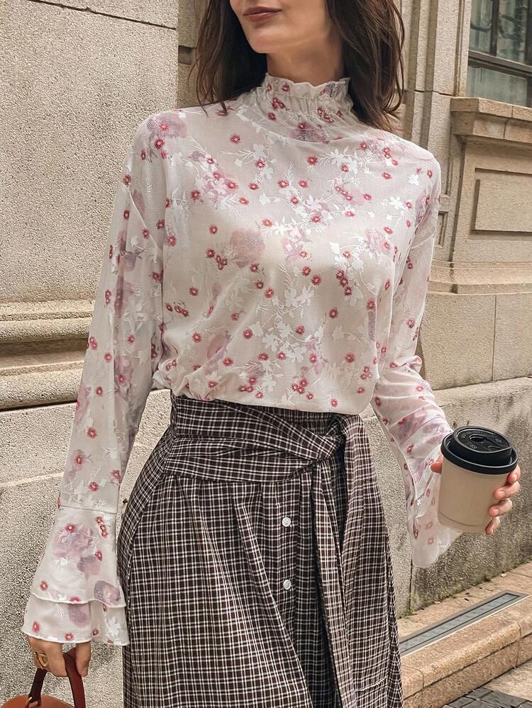 Women's Ditsy Floral Ruffle Collar Loose Elegant Pullover Blouse With Flare Sleeves, Autumn/Winter Long Sleeve Top Boho