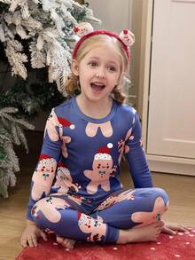 4pcs/Set Young Girl' Cute Christmas Tree & Gingerbread Man Cartoon Print Comfortable Pajama Set, Spring/Autumn - Multicolor - View 5