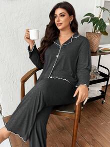 SHEIN Plus Size Women's Dark Grey Super Soft Draped Thin Knit Fabric Collared Open Front Ruffle Trim Long Sleeve Top & Pants, Casual Loose Fit Outerwear 2 Pieces Set, Fall Winter Clothes, Cozy Outfit