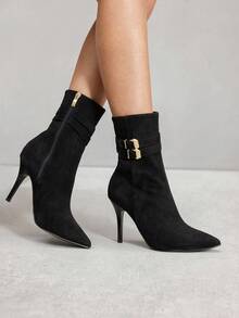 CUCCOO SZL 女士尖头细高跟扣性感优雅时尚中筒靴 - 黑色 - 查看 10