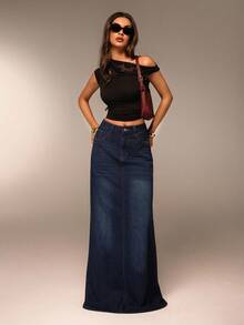 SHEIN Forever 21 Summer,Fall&Winter Women Blue Washed Loose/ High-Waist/ A-Line/Y2k/ Women Bottoms/Tall Women Jeans/Baggy Women Jeans/Straight Leg Jeans/Extra Long Maxi Denim Skirt Long Jean Skirt Women Denim Skirts - Navy Blue - View 6