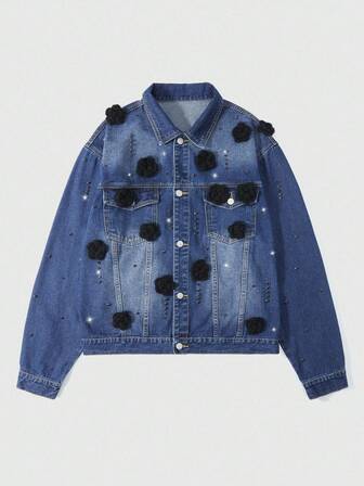 Street Life Chaqueta de mezclilla casual de solapa única con decoración floral 3D para hombres en otoño