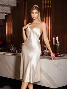 SilkySpell 女式缎面吊带长裙，性感露背修身吊带裙，米色，可外穿 - 米色 - 查看 4