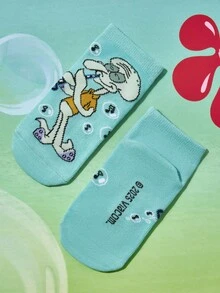 SpongeBob SquarePants | SHEIN 4 双棉质柔软透气吸湿排汗儿童短袜，彩色可爱卡通图案踝袜，加固脚趾和脚跟，经久耐用，男女通用，适合所有季节，百搭，适合学校和户外，夏季冬季，帕特里克、章鱼哥、蟹老板 - 彩色 - 查看 11
